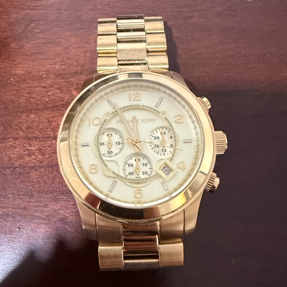 Michael Kors Men or Womens Gold Chronograph Bracelet Watch with Ivory Dial